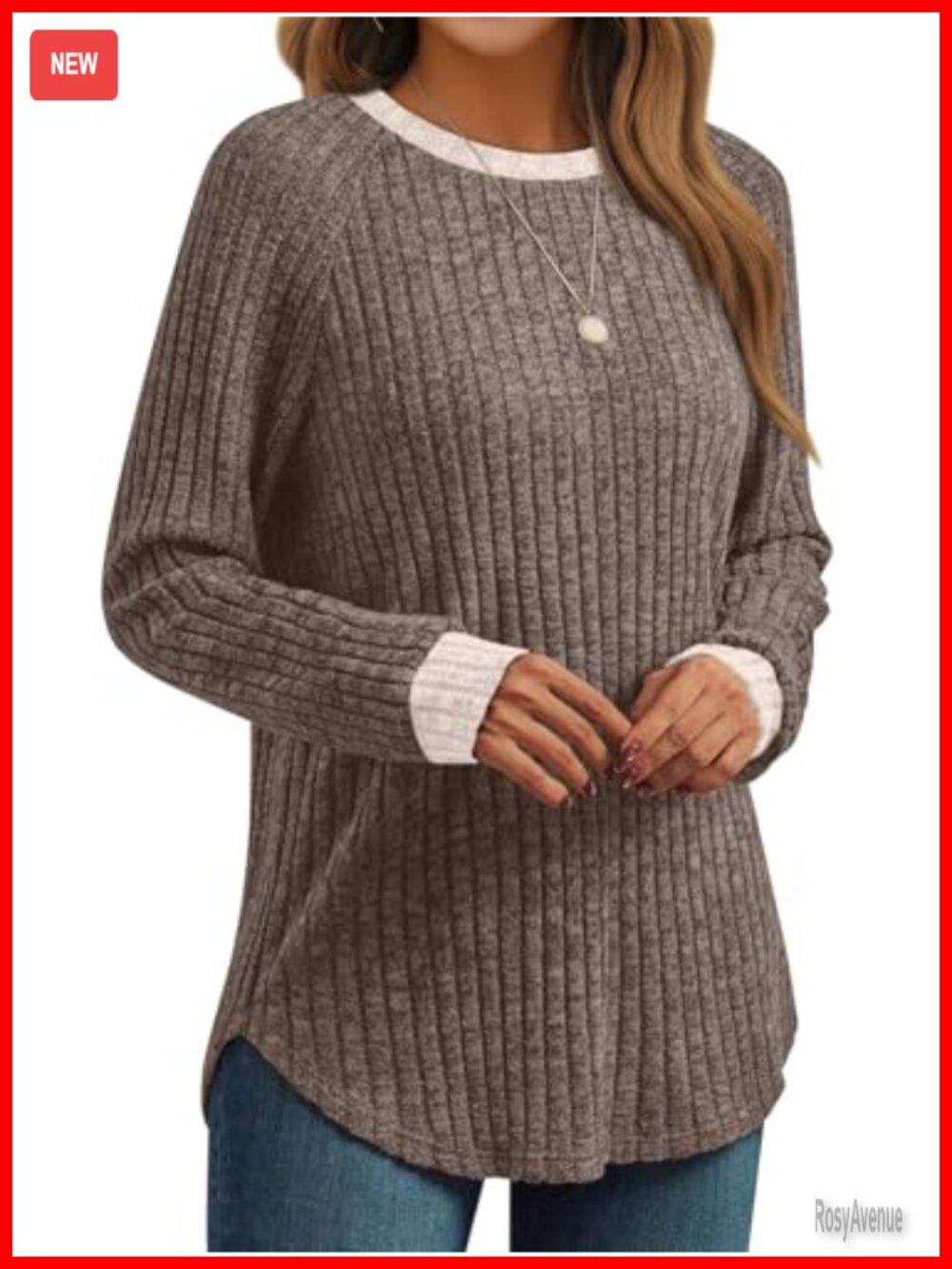 Womens Long Sleeve Tunic Top Ribbed Knit Crewneck Fall Casual Layering